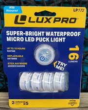 LUXPRO 16 Lumens Waterproof Micro LED Puck Lights Pack of 5 Adhesive LP172 NEW