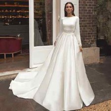 Elegant Long Sleeves Satin Wedding Dress A-Line Floor Length with Applique