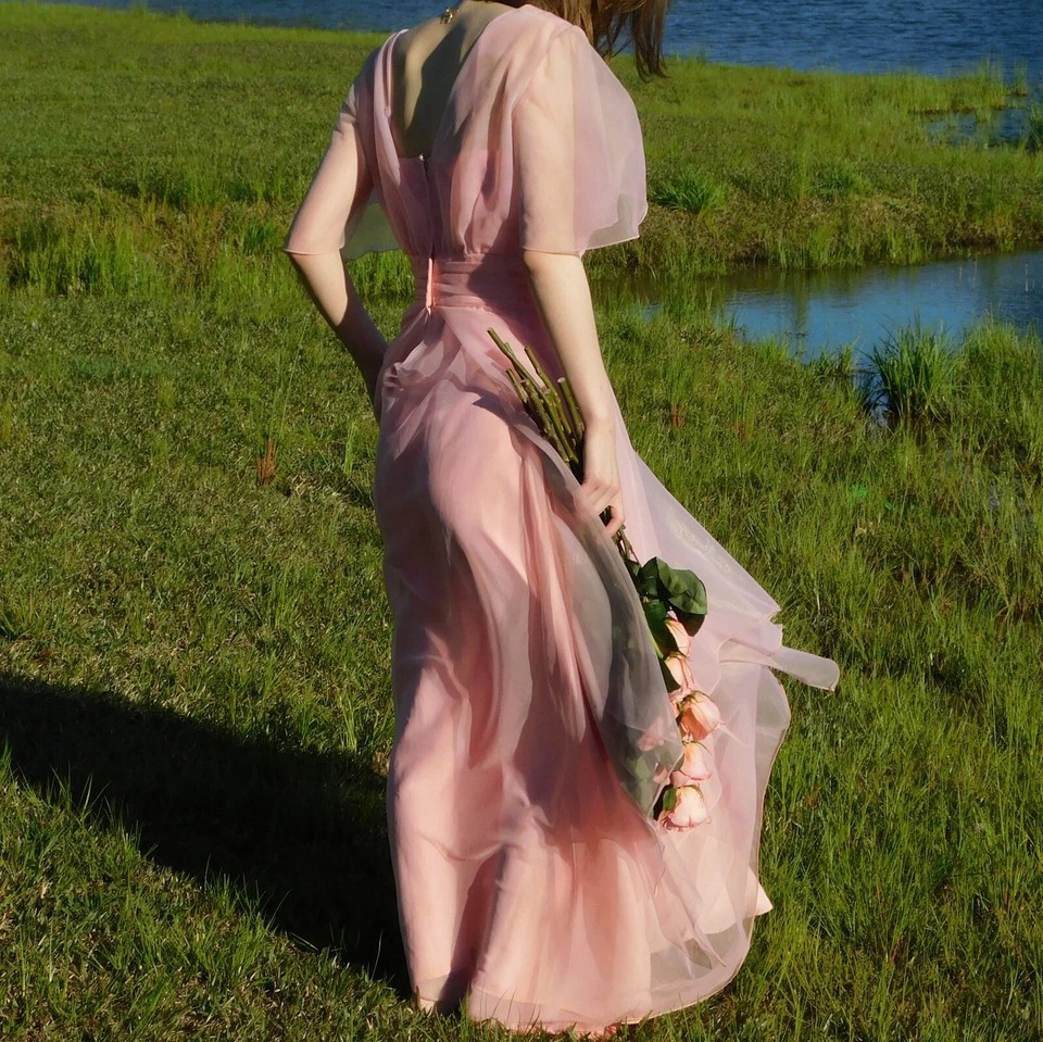 Vestido de graduación de chifón rosa de los años 60 hecho a mano vestido vintage superpuesto de encaje talla S Foto 3 de 4