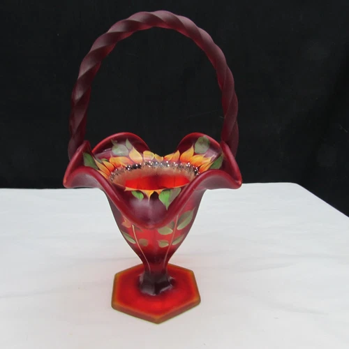 Fenton Ruby Satin Fall Floral Hand Painted Paneled Basket Special Order LE 2012