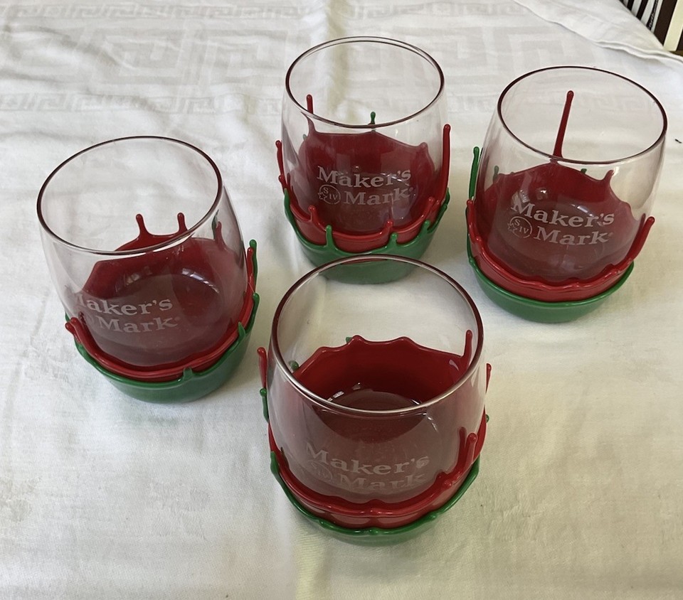 RARE vintage Set 4 Maker Mark Bourbon Glasses Red Green Christmas Holiday 