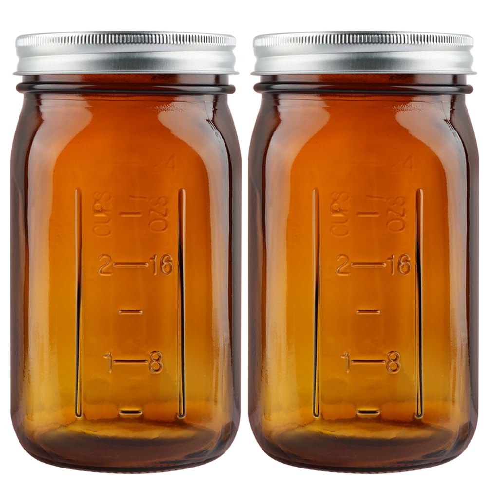 2 Pack Mason Jars 32 oz, Amber Wide Mouth Canning Jars with Airtight Lids, Gl...