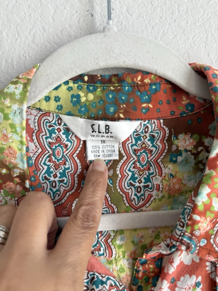 S.L.B. 女士 1X 束腰上衣纽扣花卉雏菊波西米亚嬉皮卷袖 — 第 4/4 张图片