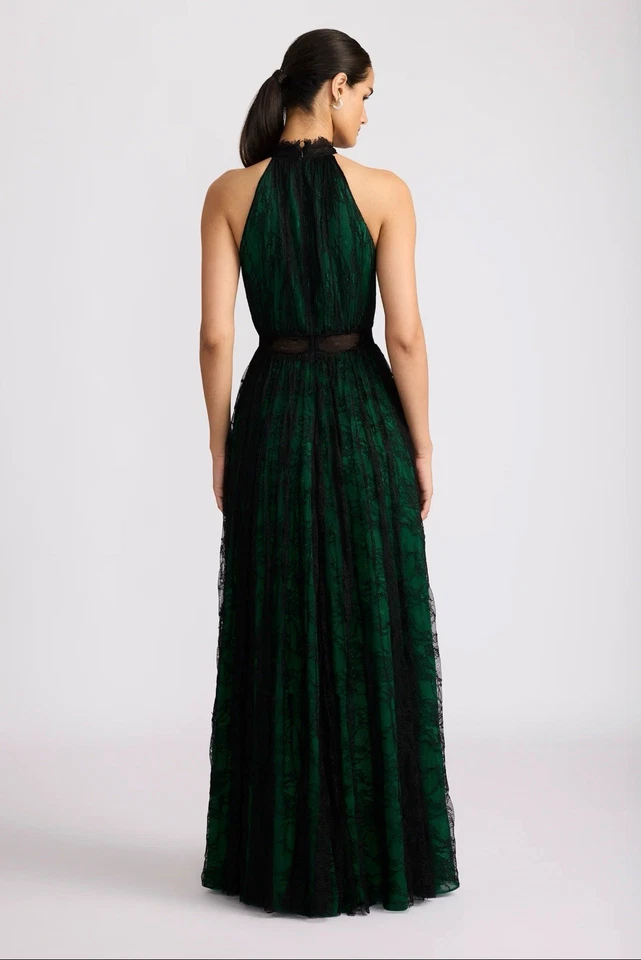 Vestido Zac Posen Vestido de Encaje Talla 2 Negro Encaje Superpuesto Aurora Verde Malvado Gasa Foto 2 de 4