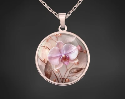 Halskette Mit Anhänger Roségold Edelstahl Glas Amulett Kette Orchidee Frau Rosa - Bild 1 von 4