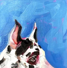 Dog Oil Painting Original Spotted Dog Portrait, Modern Whimsical Pet Art 4x4"