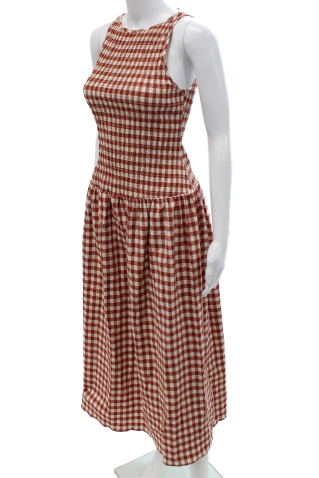 Женское коричневое клетчатое платье-майка Zara без рукавов с круглым вырезом из хлопка богемное размер XS - Изображение 2 из 4