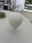 Vintage Avon White Floral Milk Glass Pedestal Compote Candy Dish With Lid