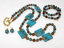 Vintage JOAN RIVERS Faux Turquoise & Amber Glass Necklace Bracelet Earrings Set