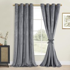 DWCN Grey Velvet Curtains 96" Blackout Thermal Insulated Grommet Tiebacks