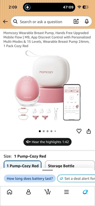 Momcozy M9 Hands-Free App Breast Pump 24mm Pink/White w/ Case, Cable