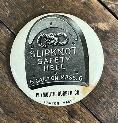 ANTIQUE C. 1920 SLIPKNOT SAFETY HEEL CELLULOID POCKET MIRROR SIGN CANTON MASS