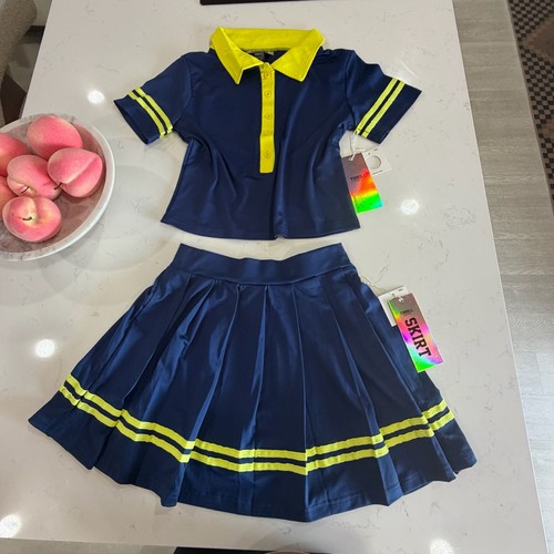 Thrill Premium Quality Navy and Yellow Collared Polo Top and Pleated Skirt Set