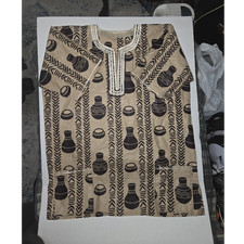 African Authentic Men's Beige/Blk Print Short Slve Tunic Top, Embroidered Neck