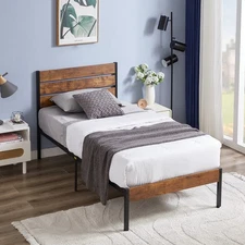 Twin/Full/Queen Size Bed Frame Metal Platform With Wooden Headboard Footboard