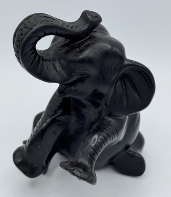 Vintage Solid Iron Wood 4.25  Tall Black Elephant Figurine Statue Trunk Up