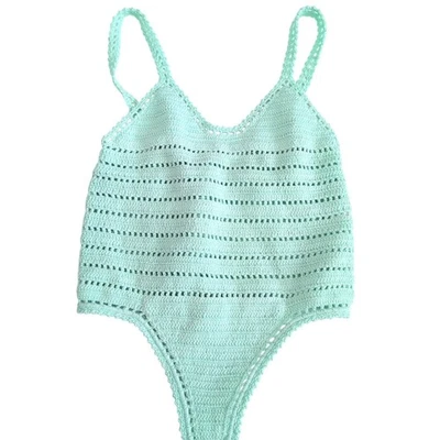 She Made Me Mint Green Crochet One Piece Swimsuit Swim Handmade Cotton S/M - Image 1 of 4