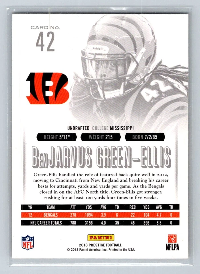 2013 Panini Prestige #42 BenJarvus Green-Ellis Cincinnati Bengals Football Card - Image 2 of 2