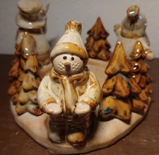 Christmas Snowmen Candle Holder Pottery Brown Glazed Trees Bird Holiday Decor