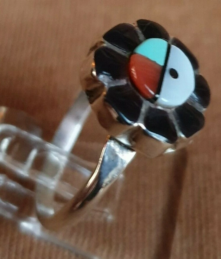 Zuni Ring Sunface in Onyx Blüte, Türkis, Koralle, Onyx,, 925% Silber, Indianer - Bild 3 von 4
