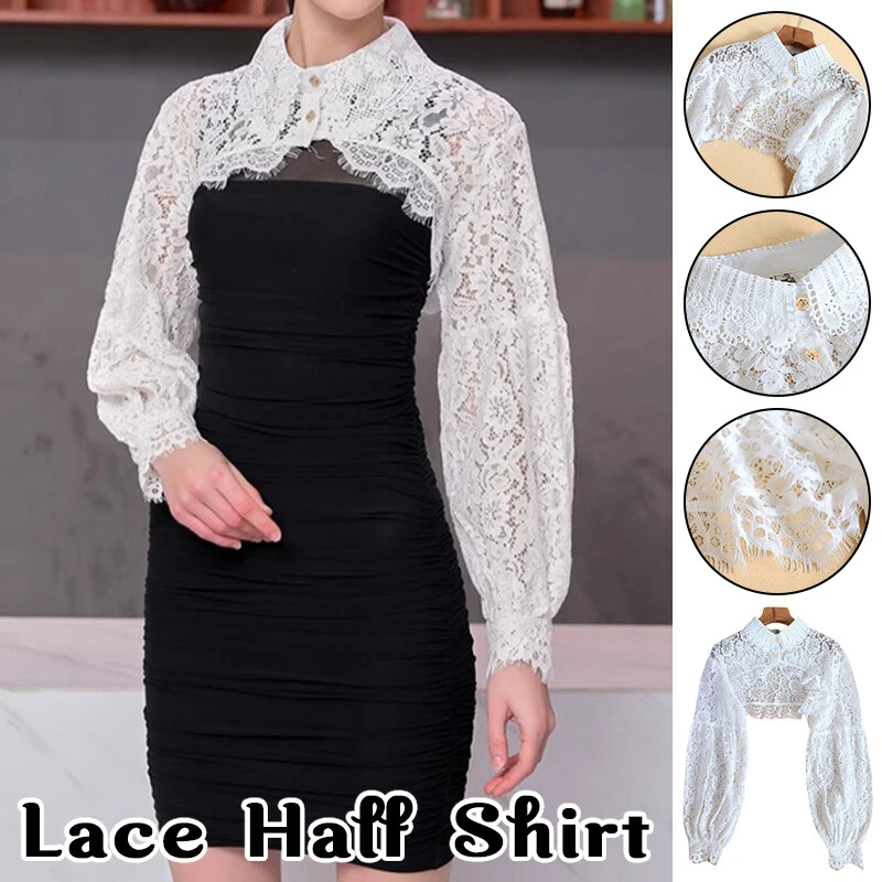 1pcs Womens Bolero Blouse Lace Hollowed Choker Half Shirt Blouse Crop Tops - Image 2 of 4