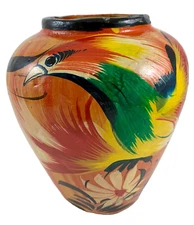 Vintage 1940's Mexican Pottery Bird of Paradise Tonala Burnished Grabber Vase