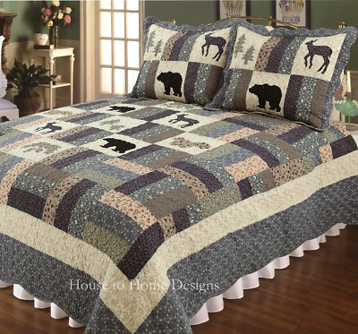 MOUNTAIN HIGHLANDS 1pc Full Queen QUILT : BLACK BEAR BUCK BROWN LODGE CABIN