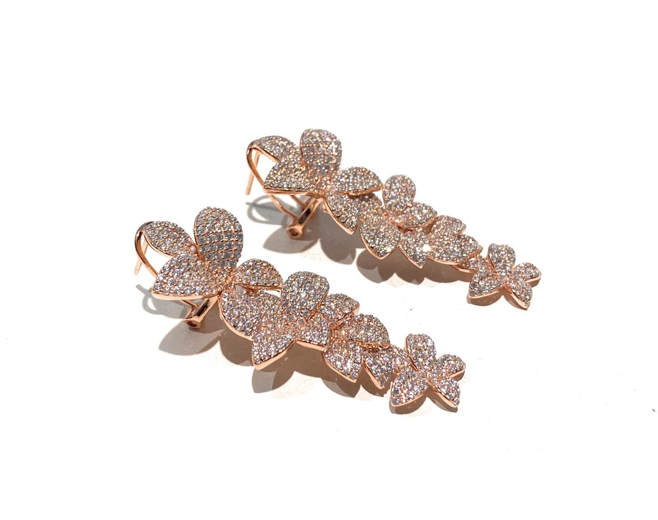Orecchini Pendenti Donna Argento 925 Rosé con Zirconi Bianchi Motivo Floreale - Immagine 2 di 3
