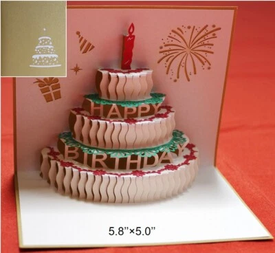 HANDMADE 3D Pop Up Greeting Card Happy Birthday Candle Cake Family Friends School Teacher