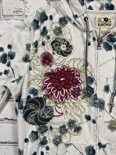 VTG Lucky Brand Hoodie Women’s L Ivory Floral Embroidered Flower & Koi Fish Y2K - Picture 9 of 17
