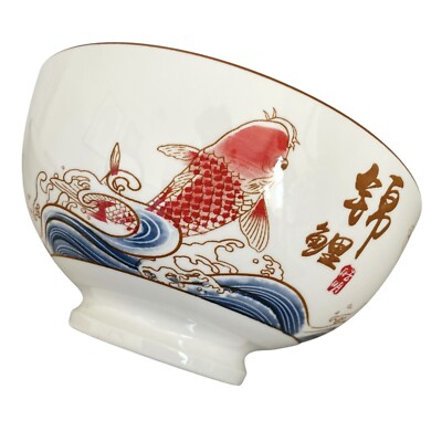 Chinese Footed Rice Noodle Bowl Koi Carp Fish Design 7x3.5 Blue Orange Set of 2