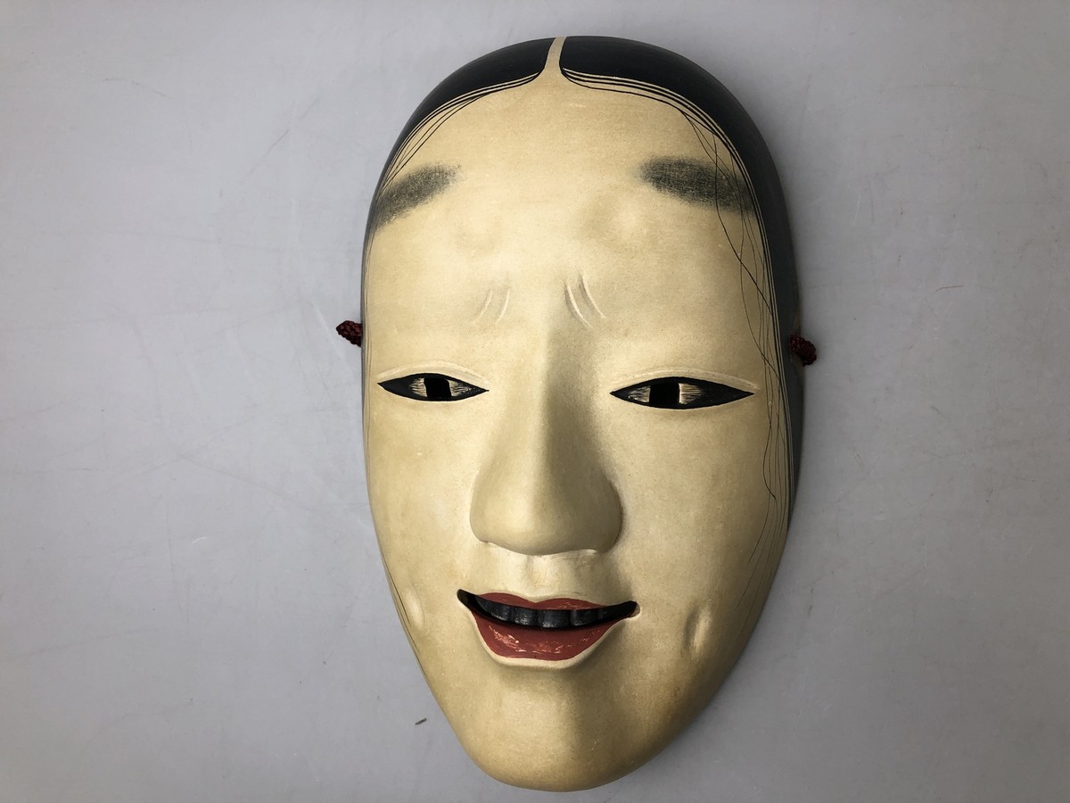 Y7378 NOH MASK wood carving Masukami signed bag Japan