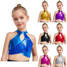 Kids Girls Crop Top Ballet Blouse Training T-shirt Hip Hop Vest Stage Tops Gym