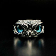 Silver Plated Blue Eye Owl Ring Women Jewelry Rings Adjustable Lab-Created