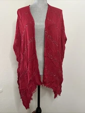 Catherine’s Women’s OS Red Silver Sequined Open Front Fringe Rayon Topper Top