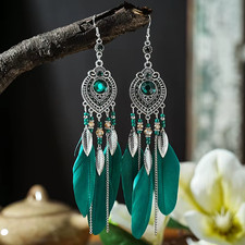 Boho Feather Long Leaf Tassel Drop Earrings for Women Geometric Rhinestone Cryst