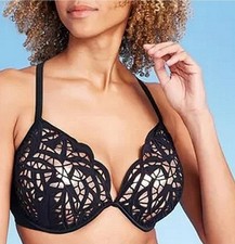 Shade  Shore Underwire lace Halter Swimsuit Bikini Top Size 38/D black/gold