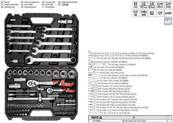 "Yato Werkzeug Satz Sortiment Werkzeugkasten L Typ2 1/2\" + 1/4\" 82-Tlg YT-12691"-image