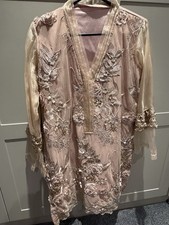 Women’s Pink & Gold Floral V-Neck Tunic Dress M/L Embroidered Beaded Sequin