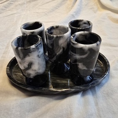 Vintage Marble Shot Glass Set w Tray Black White Zebra Stone 5 Cups MCM