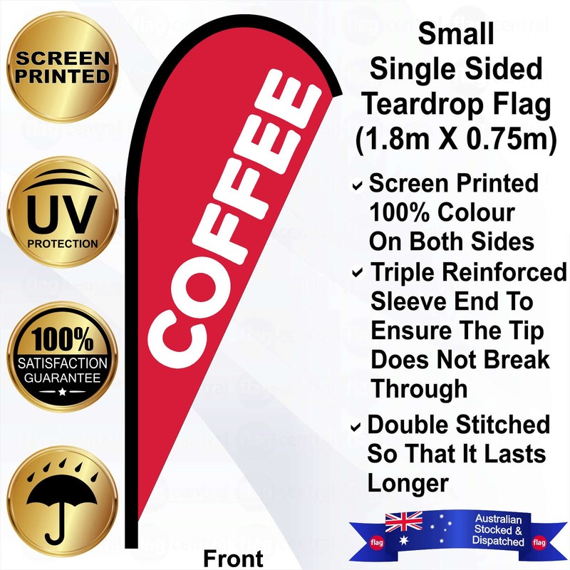 F - COFFEE Red 2.4m Teardrop Flag / Banner Kit with Pole Set, Galvanised Steel Ground Spike and a Free Carry Bag - 1