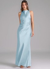 NEW Azazie Evadne Stretch Satin-AZAZIE Sky Blue Sheath Pleated Size A6 Dress