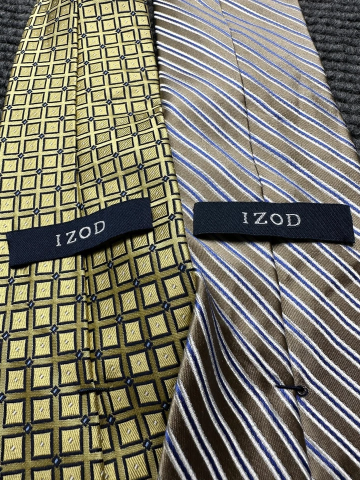 Lote de 3 corbatas Izod para hombre 100 % seda verde dorado marrón rayas geométricas Foto 4 de 4
