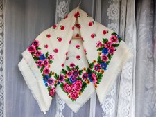 Vintage new wool white scarf with USSR floral print