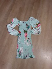 SHEIN Mint Green Floral Puff Long Sleeve Bodycon Mini Dress Women's Size S
