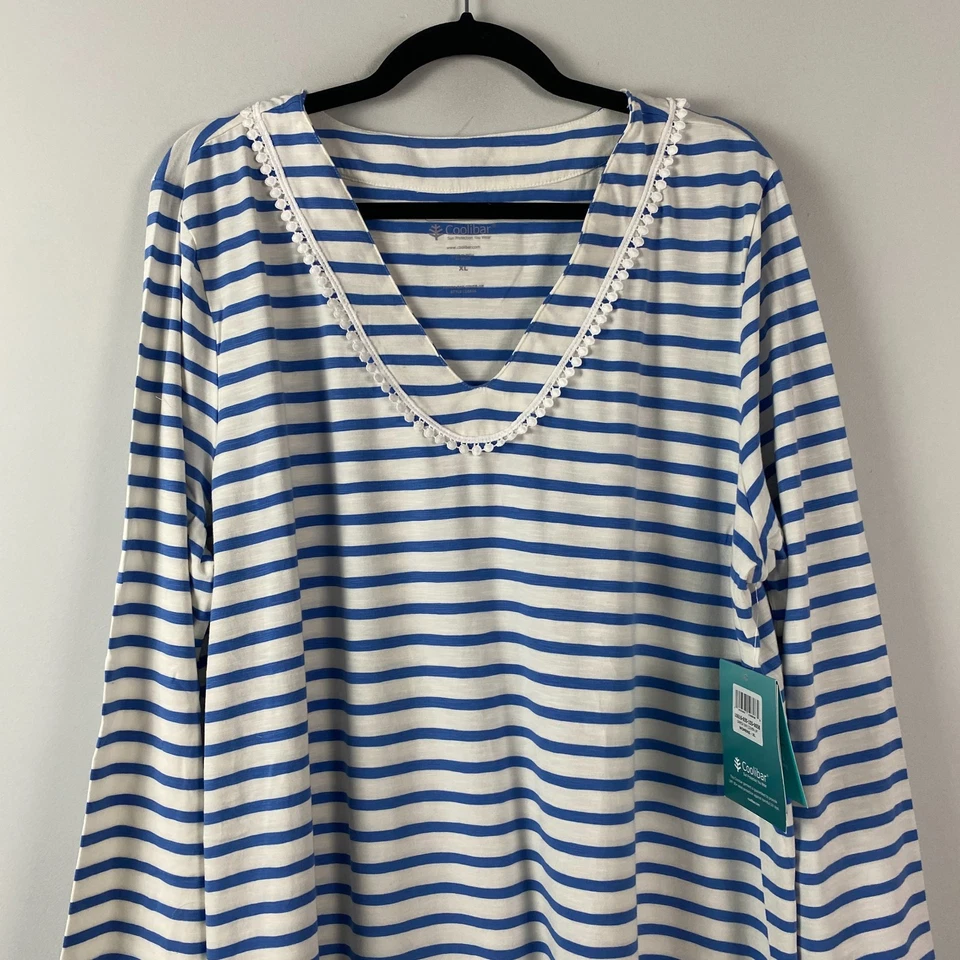 Vestido Coolibar UPF 50+ Samoa Bay Cover-Up tamanho XL algodão orgânico listrado bambu - Imagem 2 de 4