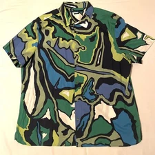 Perry Ellis Mens Short Sleeve Shirt Stretch Green Blue Retro Pattern 2XL