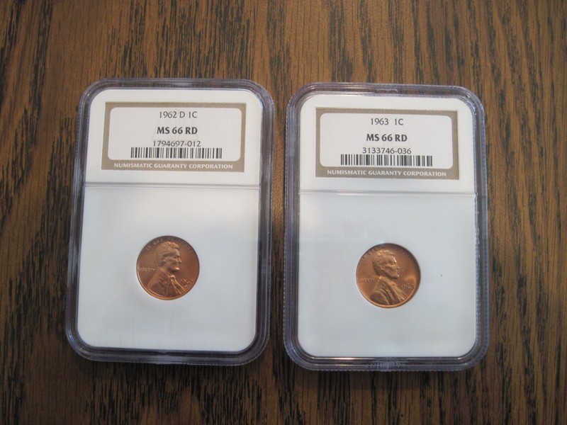 2 NGC GRADED LINCOLN CENTS. 1962D &1963 MSRD66 BRIGHT