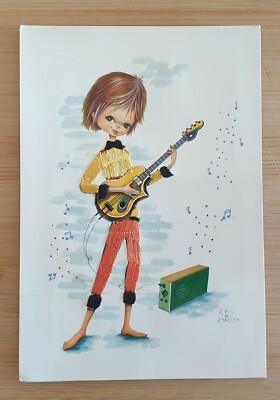 Old postcard / embroidered fabric embroidery costume / illustration / guitar / rock