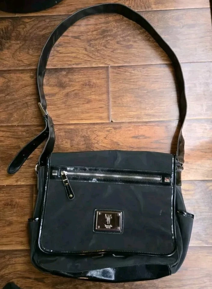 Tignanello Bolso de Hombro Mensajero Negro Amarillo Interior Laptop Computadora Cartera  Foto 2 de 4